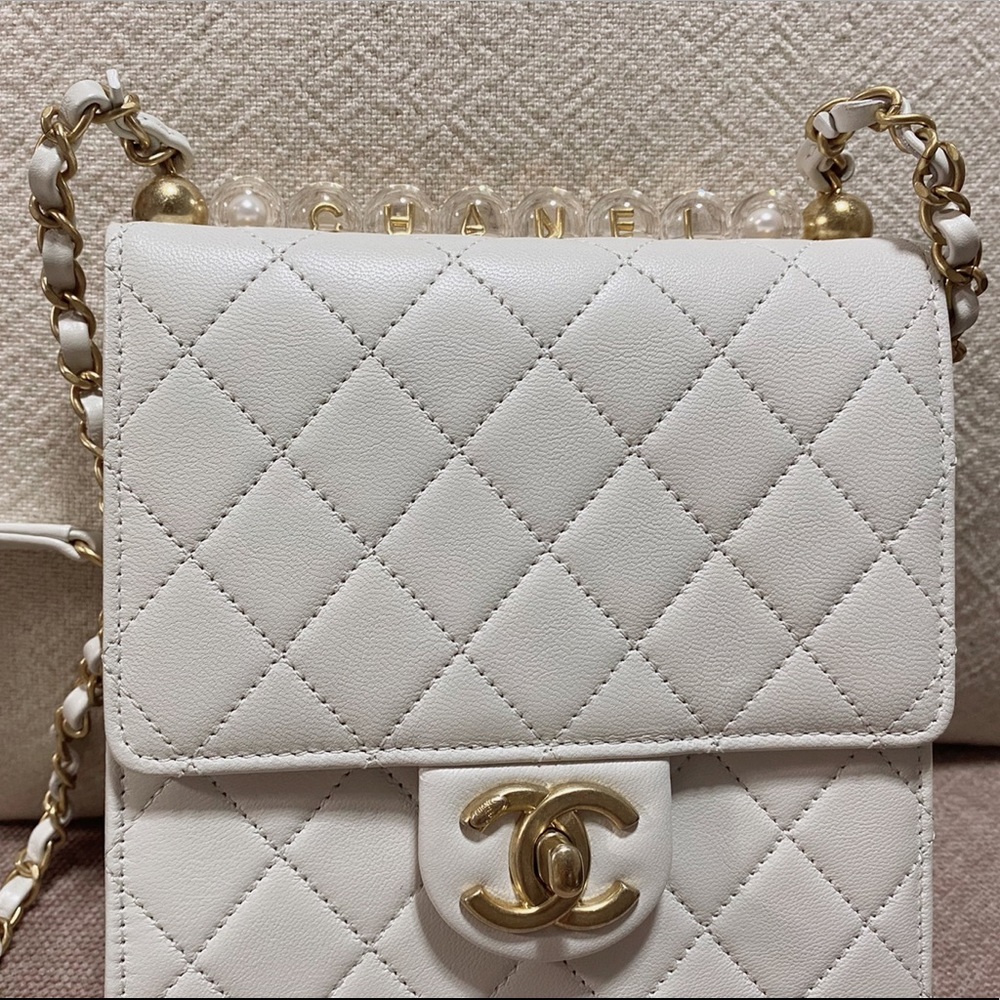 White Chanel Flap Bag with Clear Pearl